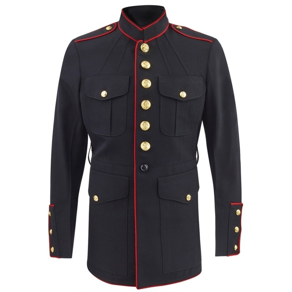 Men's Black Military-Style Dress Jacket with Red Piping